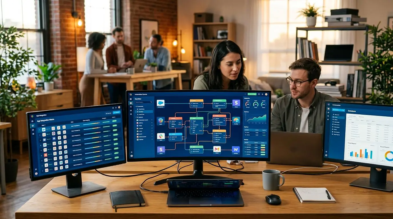 Plusieurs écrans affichant des tableaux de bord NoCode avec des workflows d'automatisation connectés