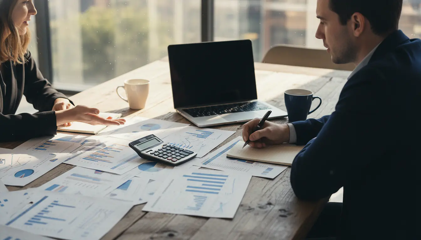 Deux dirigeants analysent des rapports financiers et un prévisionnel de trésorerie sur un ordinateur portable